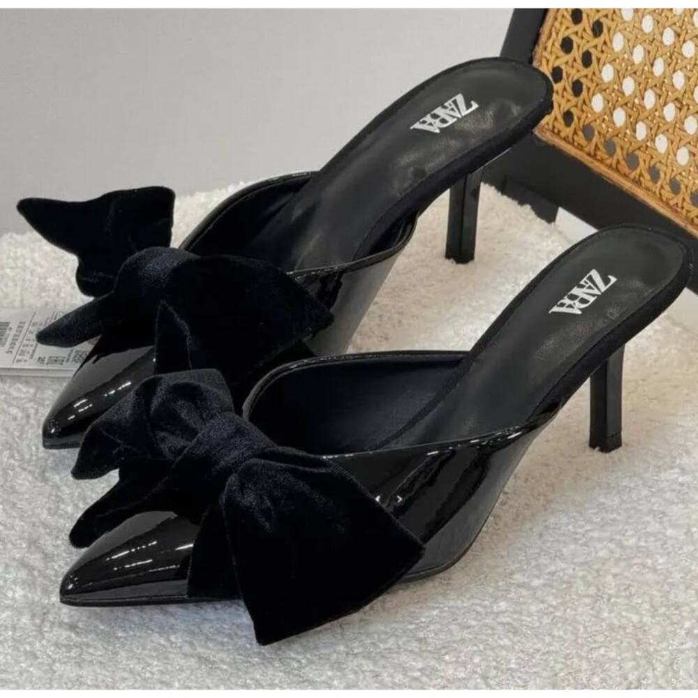 Zara Black Patent Bow Mule Heels NWT Pointed Toe Kitten Heel Slip On Size 6.5 - Picture 10 of 16